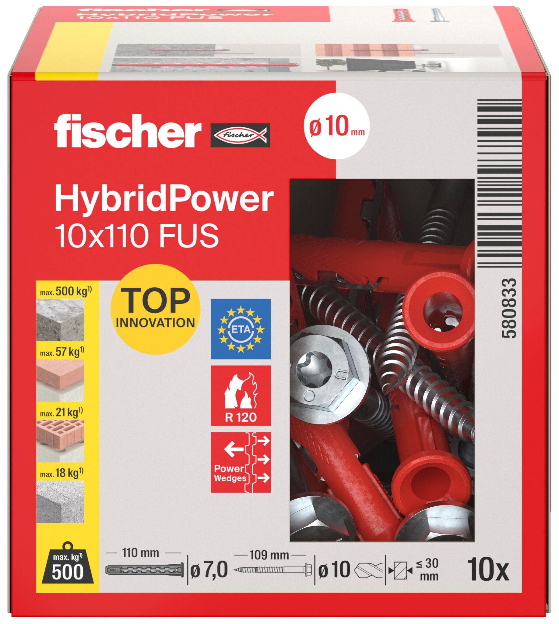 fischer HybridPower 10 x 110 FUS (10), hexagonal screw with